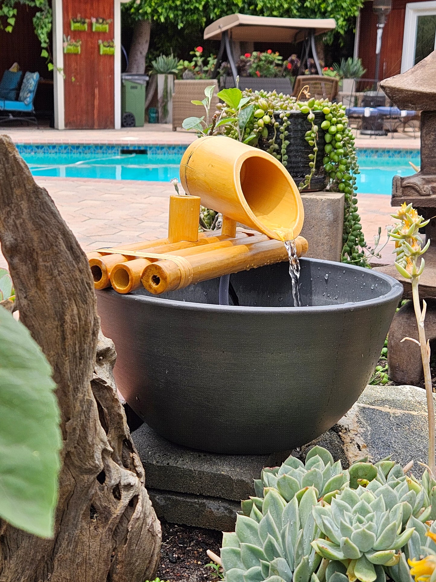 12" Bamboo Fountain with Plant Holder, Charcoal Grey