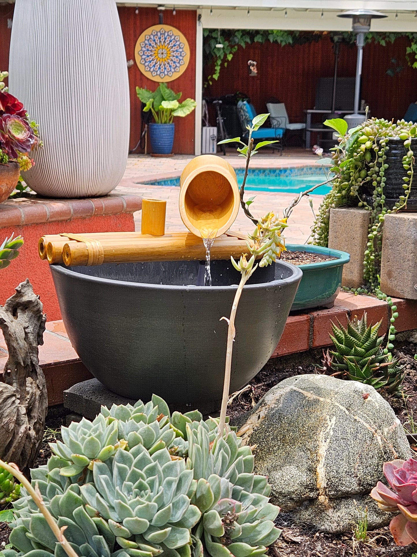 12" Bamboo Fountain with Plant Holder, Charcoal Grey