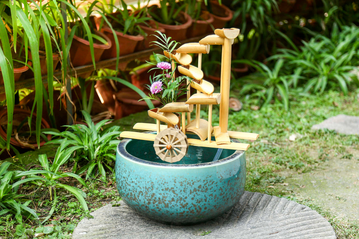 12" Bamboo Money Fountain with Plant Holder, Charcoal Grey