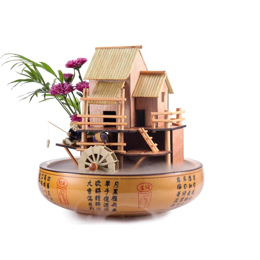 10" Bamboo House Fountain with Decorative Pot, Plant Holder, Fisherman Figurine, and Quiet One 100 Pump