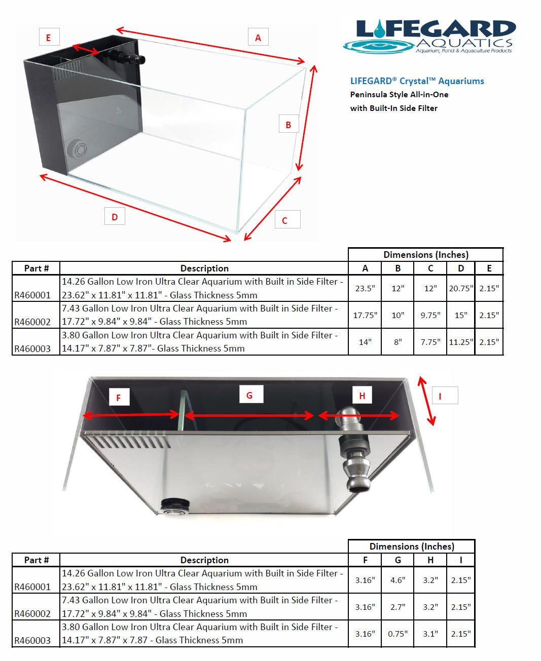 14.26 Gallon CRYSTAL Penensula Beveled Edge Low Iron Aquarium with Built in Side Filter 6mm Kit