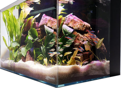 9.98 Gallon CRYSTAL Beveled Edge Low Iron Aquarium with Built in Back Filter 5mm - Kit Includes Full Spectrum LED Light, Heater, Algae Scrub Pad